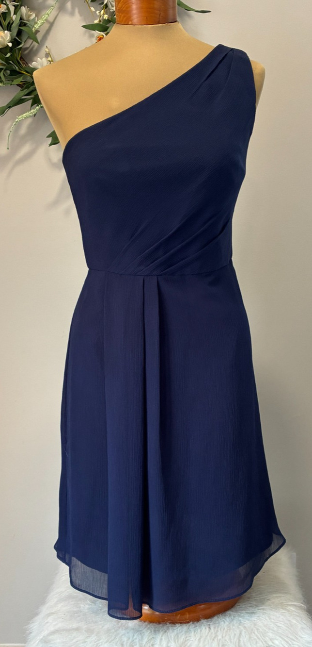 David's Bridal Marine Blue One-Shoulder Chiffon Short Bridesmaid Dress, Size 6